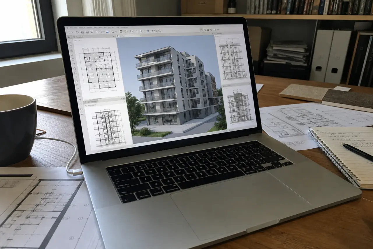 MacBook Pro placed on an architect's desk with Archicad open on a building BIM model