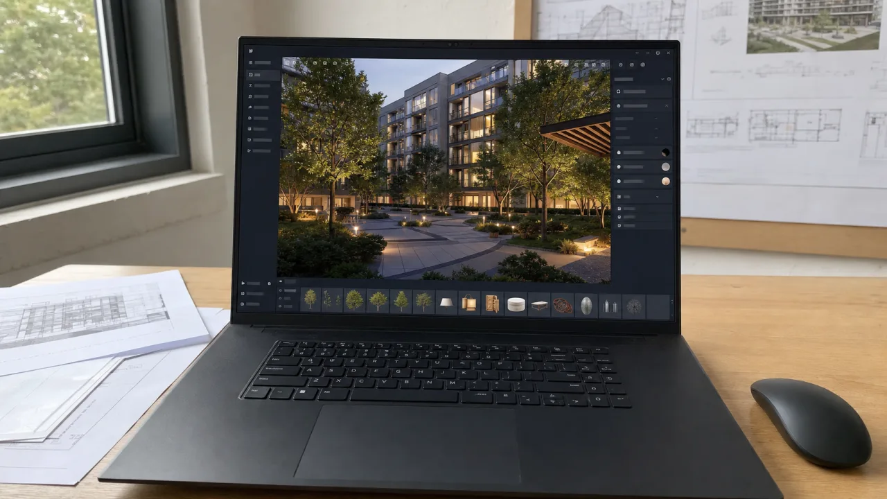 Windows laptop with D5 Render open onto a residential courtyard with trees in real-time rendering