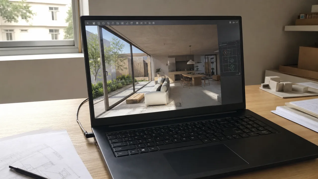 Windows laptop with Enscape open on real-time rendering of an interior overlooking a planted courtyard