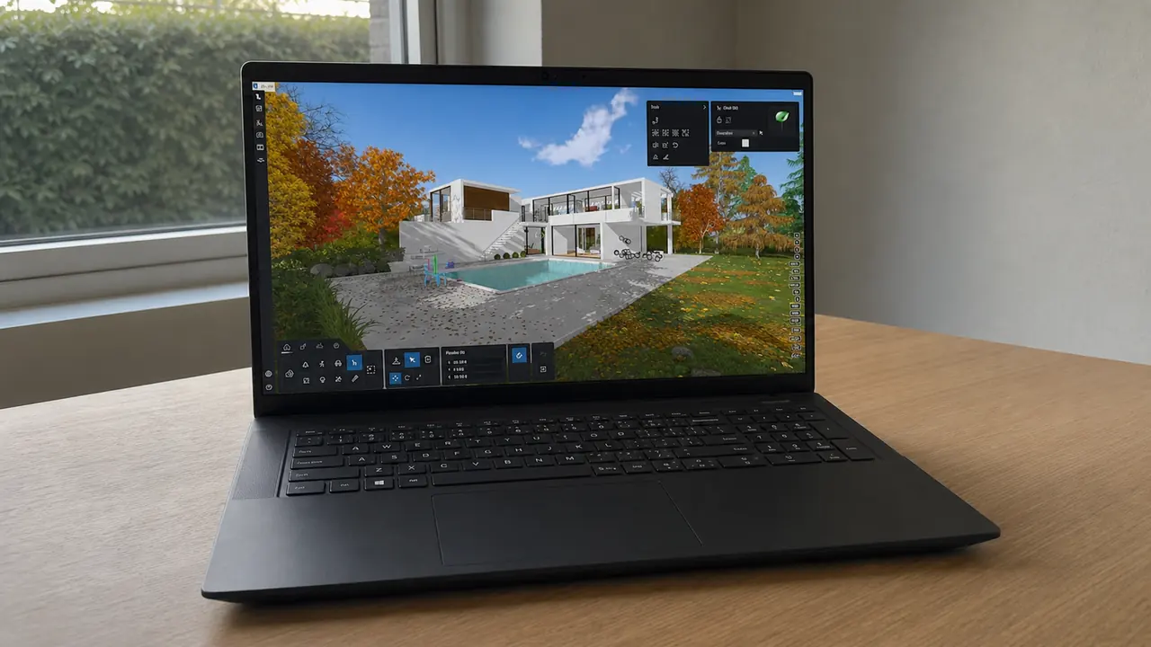 Windows laptop with Lumion open on a rendering of a house with garden
