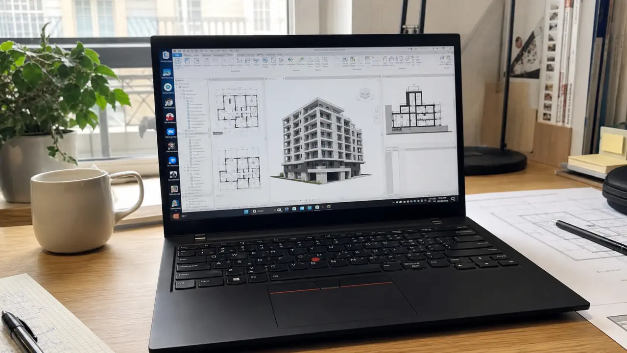 Windows laptop placed on a desk with Revit open on a building BIM model