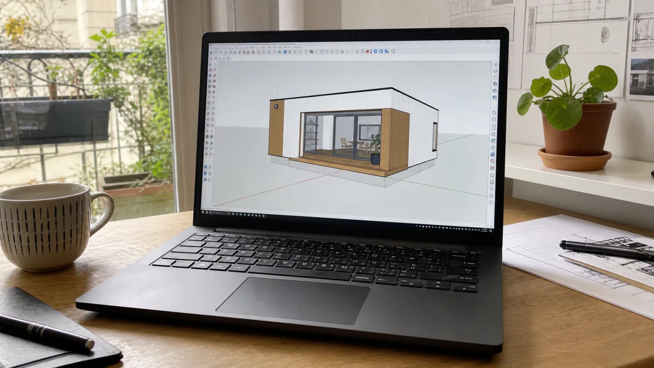 laptop on a desk with an open house 3D model in SketchUp